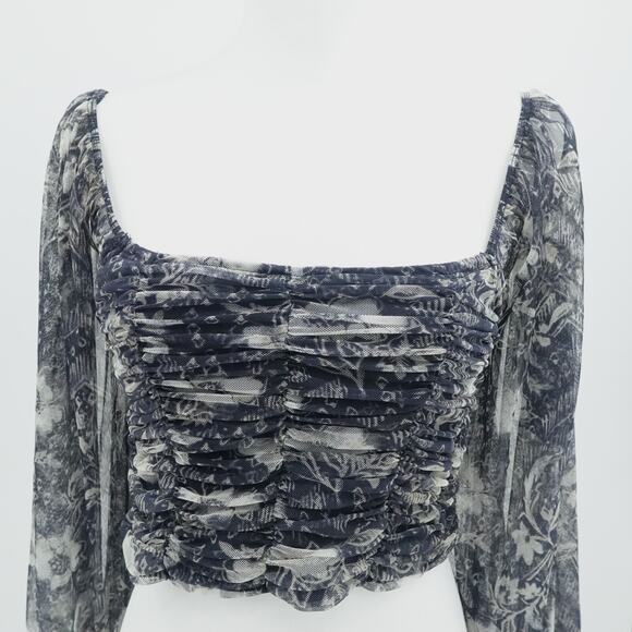 Free People Crop Top Blue Sheer Floral Puff Sleeve Cottagecore Boho Size Large - Picture 7 of 13